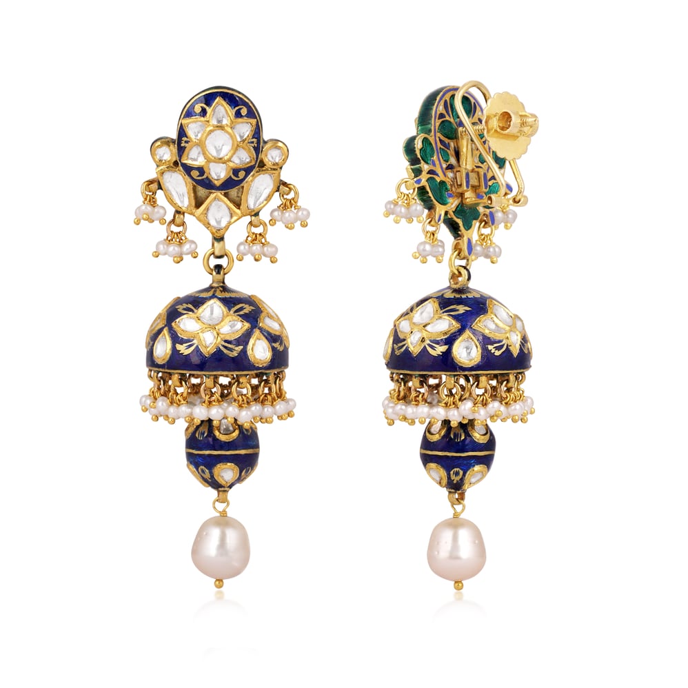 Jhumki Earrings with Blue Enamel, Polki, and Pearls